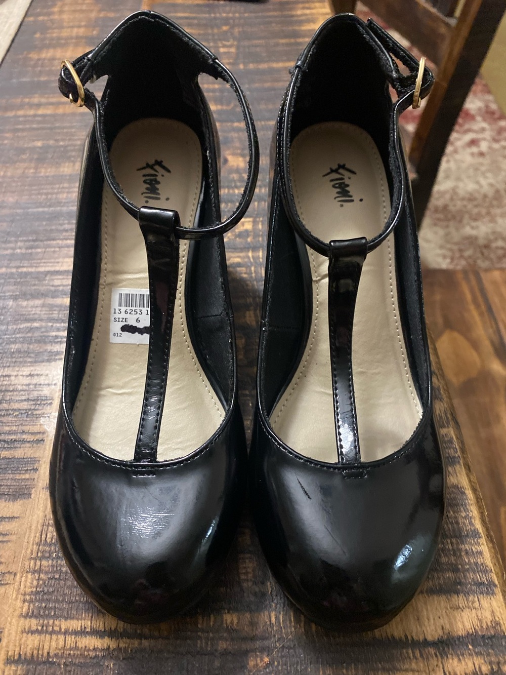 Black Patent T-Strap Heels with Ankle Buckle